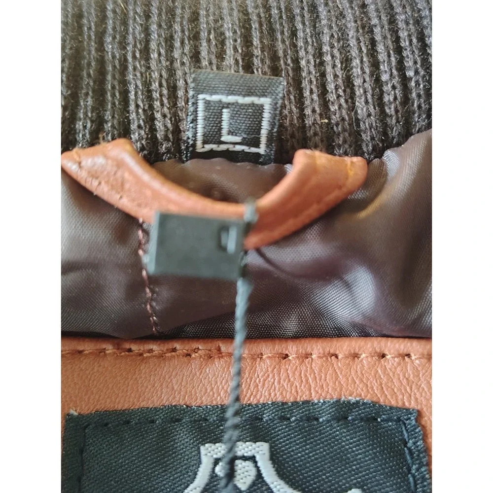 Men's Cognac Brown Real Leather Moto Biker Bomber Jacket Ribbed Collar Size L
